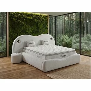 Set pat +Saltea Gratuita ,tapițat Velora 200x200 cm crem cu somieră rabatabilă, ladă depozitare și saltea inclusă