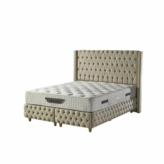 Pat tapițat + Saltea gratis Athena, bej - 140x200 cm, cu somieră rabatabilă si ladă de depozitare picture - 2