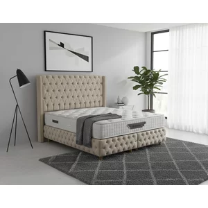 Set pat tapițat Athena 160x200 cm bej cu somieră rabatabilă, ladă depozitare și saltea inclusă