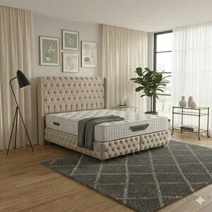 Pat tapițat + Saltea gratis Athena, bej - 180x200 cm, cu somieră rabatabilă si ladă de depozitare