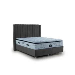 Set pat tapițat Epson 200x200 cm gri cu somieră rabatabilă, ladă depozitare și saltea inclusă