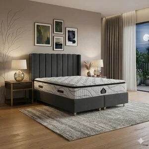 Pat tapițat +Saltea Gratis Epson, gri - 200x200 cm, cu somieră rabatabilă si ladă de depozitare