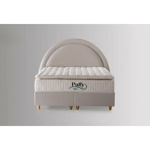 Set pat tapițat Lara 160x200 cm crem cu somieră rabatabilă, ladă depozitare și saltea inclusă