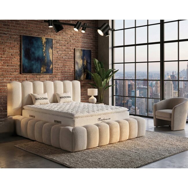 Set pat +Saltea Gratis ,tapițat Madonna 200x200 cm crem cu somieră rabatabilă si ladă depozitare