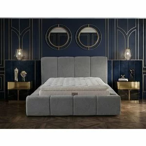 Set pat tapițat Meram 140x200 cm gri cu somieră rabatabilă, ladă depozitare și saltea inclusă