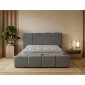 Set pat tapițat Meram 160x200 cm gri cu somieră rabatabilă, ladă depozitare și saltea inclusă