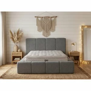 Set pat tapițat Meram 180x200 cm gri cu somieră rabatabilă, ladă depozitare și saltea inclusă