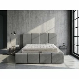 Set pat tapițat Meram 200x200 cm gri cu somieră rabatabilă, ladă depozitare și saltea inclusă