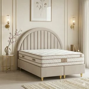 Set pat +Saltea Gratis  tapițat Moon 160x200 cm crem cu somieră rabatabilă  si ladă depozitare