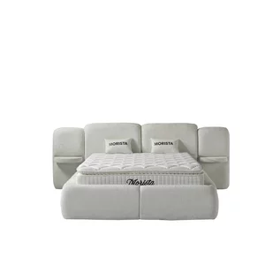 Set pat tapițat Morista 140x200 cm crem cu somieră rabatabilă, saltea si ladă depozitare inclusă