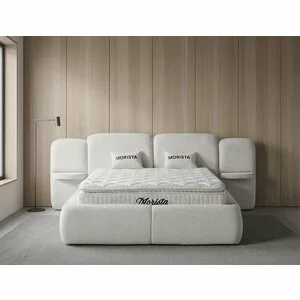 Set pat tapițat Morista 160x200 cm crem cu somieră rabatabilă, saltea si ladă depozitare inclusă
