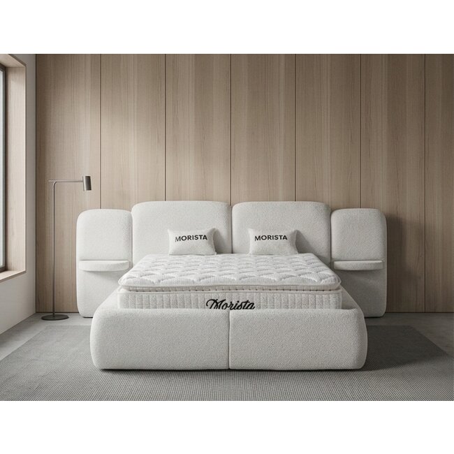 Set pat tapițat Morista 160x200 cm crem cu somieră rabatabilă, saltea si ladă depozitare inclusă