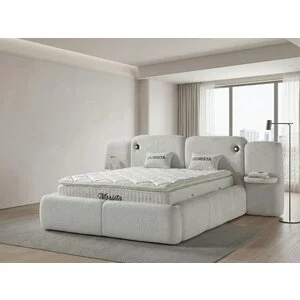 Set pat tapițat Morista 180x200 cm crem cu somieră rabatabilă, saltea si ladă depozitare inclusă