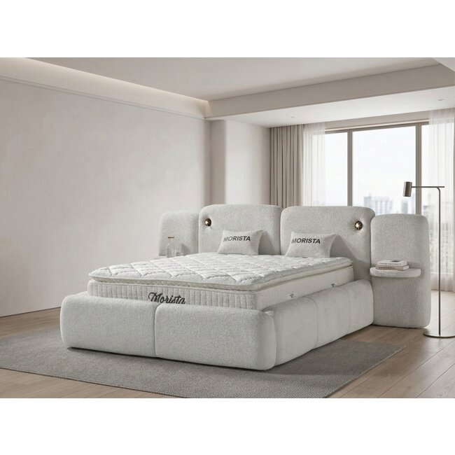 Set pat tapițat Morista 180x200 cm crem cu somieră rabatabilă, saltea si ladă depozitare inclusă