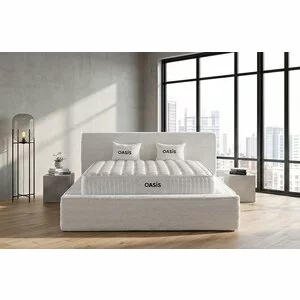 Set pat tapițat OASIS 180x200 cm crem cu somieră rabatabilă, ladă depozitare și saltea inclusă