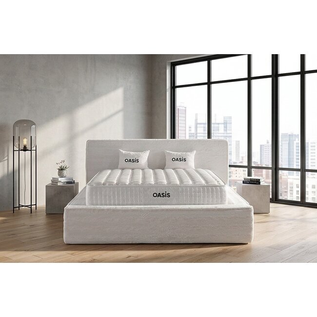 Set pat tapițat OASIS 180x200 cm crem cu somieră rabatabilă, ladă depozitare și saltea inclusă