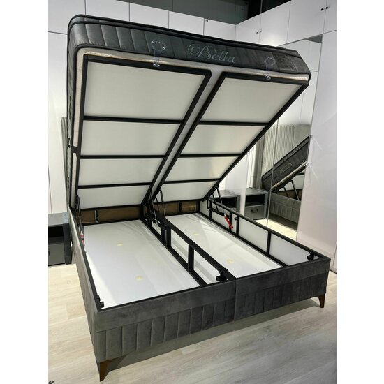 Set Pat Tapițat Bella + Saltea, ladă depozitare, tapițerie catifea premium, structură metal + PAL, 160x200 cm, Gri picture - 11