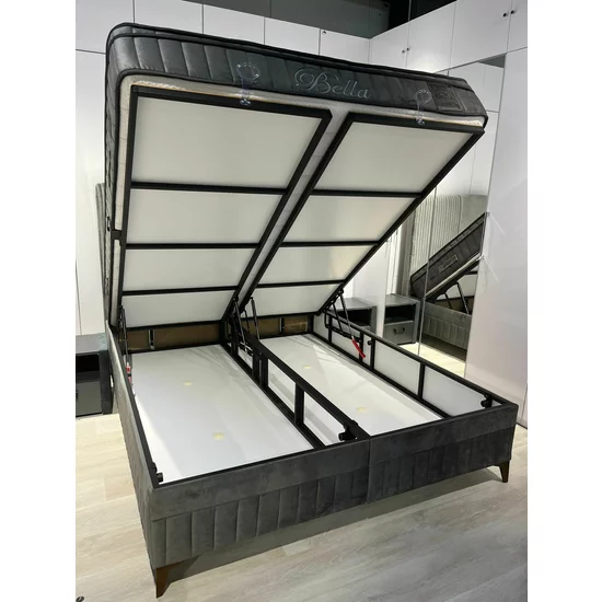 Set Pat Tapițat Bella + Saltea, ladă depozitare, tapițerie catifea premium, structură metal + PAL, 160x200 cm, Gri picture - 11