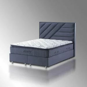 Set pat tapițat Rixos 180x200 cm gri cu somieră rabatabilă, ladă depozitare și saltea inclusă