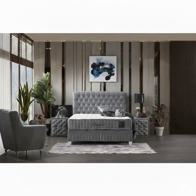 Set pat tapițat Sensitive 140x200 cm gri cu somieră rabatabilă, ladă depozitare și saltea inclusă, înălțime 30 cm