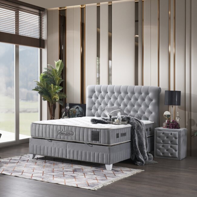 Pat cu saltea gratis Sensitive 140x200 cm gri cu somieră rabatabilă, ladă depozitare și saltea inclusă, înălțime 30 cm