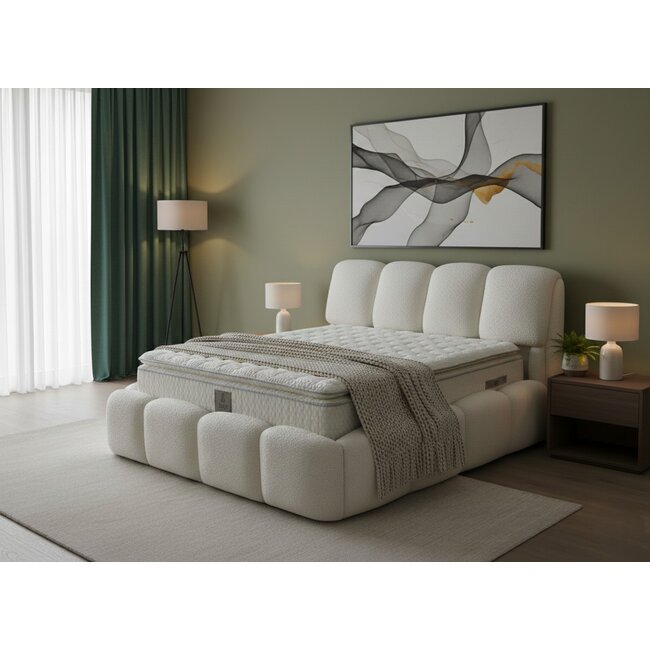 Set pat+ Saltea Gratis tapițat Shakira 180x200 cm crem ERATO 01 cu somieră rabatabilă si ladă depozitare