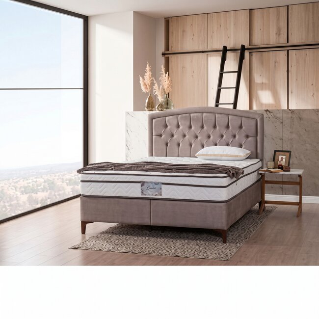 Pat + Saltea gratis Belek, bej - 160x200 cm, design modern, capitonare elegantă, structură rezistentă, stofă premium