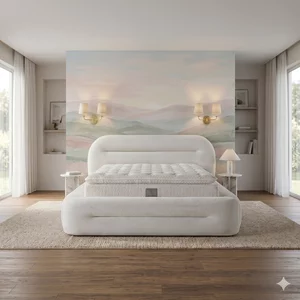 Set pat+ Saltea gratis Omega - 160x200 cm, bej, cu somiera rabatabila si lada de depozitare