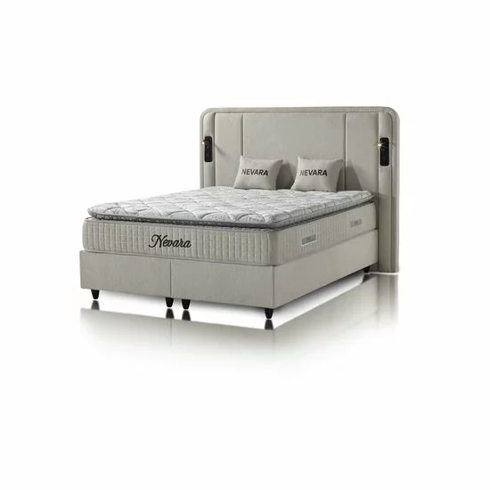 Set pat+ Saltea Gratis  tapițat Nevara 140x200 cm crem cu somieră rabatabilă si ladă depozitare picture - 2
