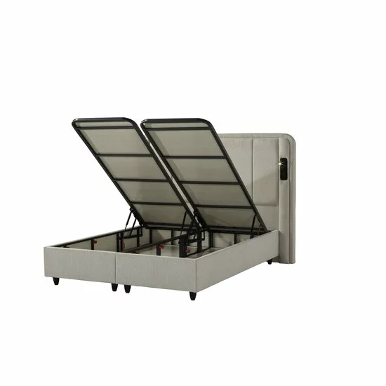 Set pat+ Saltea Gratis  tapițat Nevara 140x200 cm crem cu somieră rabatabilă si ladă depozitare picture - 5