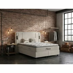 Set pat+ Saltea Gratis  tapițat Nevara 140x200 cm crem cu somieră rabatabilă si ladă depozitare