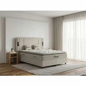 Set pat+ Saltea Gratis  tapițat Nevara 160x200 cm crem cu somieră rabatabilă si ladă depozitare