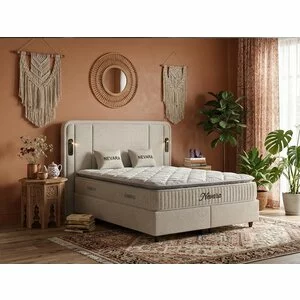 Set pat+ Saltea Gratis  tapițat Nevara 180x200 cm crem cu somieră rabatabilă si ladă depozitare