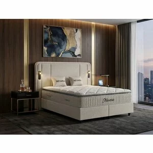 Set pat+ Saltea Gratis  tapițat Nevara 200x200 cm crem cu somieră rabatabilă si ladă depozitare