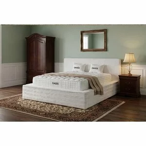 Set pat+ Saltea Gratis  tapițat OASIS 140x200 cm crem cu somieră rabatabilă si ladă depozitare