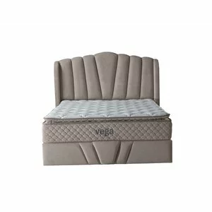 Set pat+ Saltea Gratis , tapițat Vega 200x200 cm crem cu somieră rabatabilă si ladă depozitare