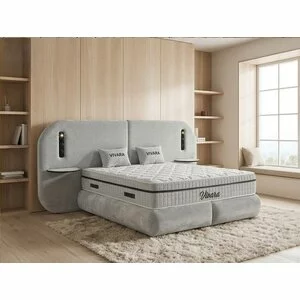 Set pat+ Saltea Gratis tapițat Vivara 140x200 cm crem cu somieră rabatabilă, ladă depozitare și saltea inclusă