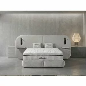 Set pat+ Saltea Gratis tapițat Vivara 160x200 cm crem cu somieră rabatabilă, ladă depozitare și saltea inclusă