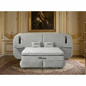 Set pat+ Saltea Gratis tapițat Vivara 180x200 cm crem cu somieră rabatabilă, ladă depozitare și saltea inclusă