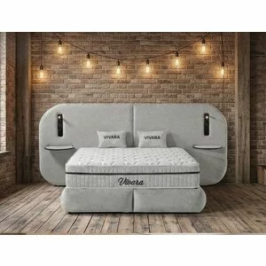 Set pat+ Saltea Gratis tapițat Vivara 200x200 cm crem cu somieră rabatabilă, ladă depozitare și saltea inclusă