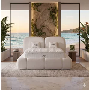 Set pat+ Saltea gratis tapitat Vogo - 160x200 cm, bej, cu  somiera rabatabila si  lada de depozitare