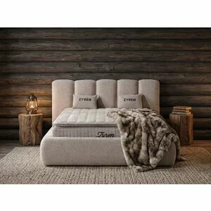Set pat+ Saltea Gratis  tapițat Zyren 140x200 cm crem cu somieră rabatabilă, ladă depozitare
