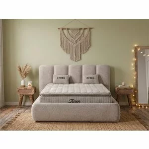 Set pat+ Saltea Gratis  tapițat Zyren 200x200 cm crem cu somieră rabatabilă, ladă depozitare