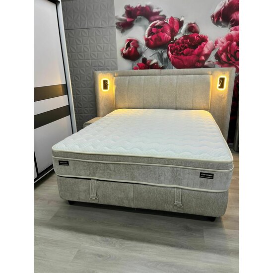 Set Pat + Saltea Julie Cu LED și Lada Depozitare, Stofă Symphony Pearl, 160x200 cm, Bej picture - 7