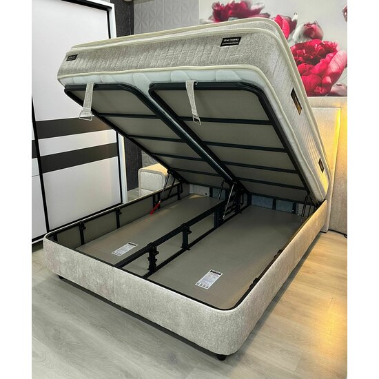 Set Pat + Saltea Julie Cu LED și Lada Depozitare, Stofă Symphony Pearl, 160x200 cm, Bej picture - 9