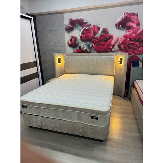 Set Pat + Saltea Julie Cu LED și Lada Depozitare, Stofă Symphony Pearl, 160x200 cm, Bej picture - 13