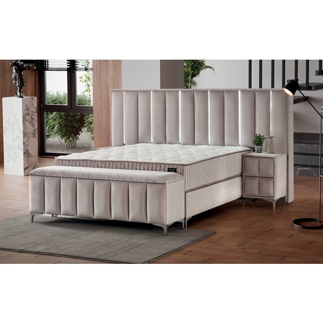 Set Pat + Saltea Moonlight Cu LED, Port USB și Lada Depozitare, 160x200 cm, Bej