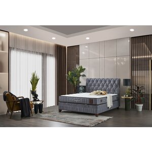 Set Pat + Saltea Comfort, ladă depozitare, somieră rabatabilă, topper confort, structură metal + lemn + PAL, tapițerie stofă premium, 160x200 cm, Gri