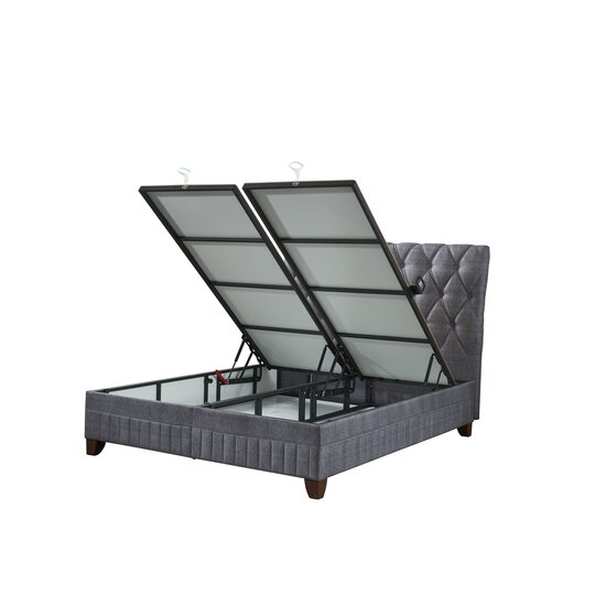 Set Pat + Saltea Comfort, ladă depozitare, somieră rabatabilă, topper confort, structură metal + lemn + PAL, tapițerie stofă premium, 160x200 cm, Gri picture - 3