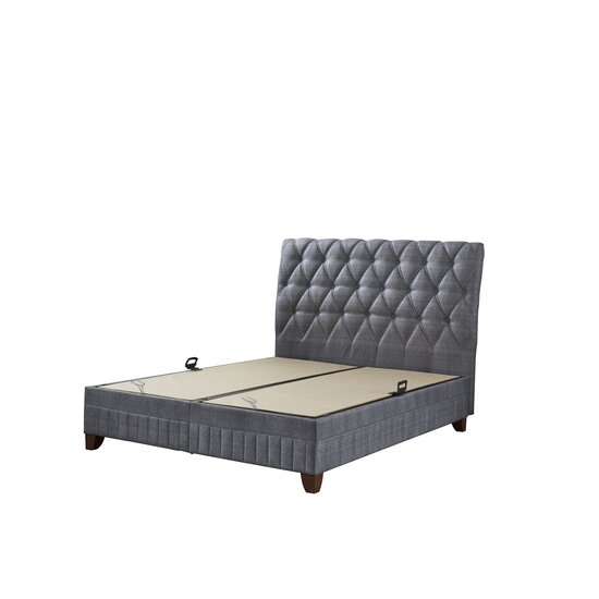 Set Pat + Saltea Comfort, ladă depozitare, somieră rabatabilă, topper confort, structură metal + lemn + PAL, tapițerie stofă premium, 160x200 cm, Gri picture - 4